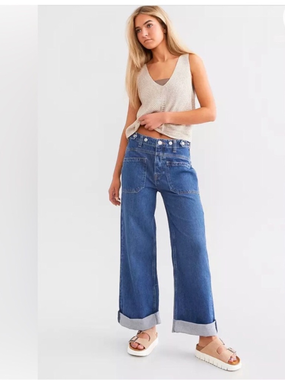 We The Free Palmer Cuffed Jeans Wide Leg High Rise Blue Denim NWT